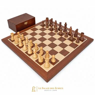 Jogo de xadrez French Knight completo com tabuleiro de mogno e caixa de bétula