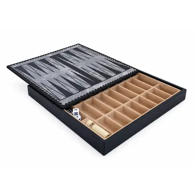 Tabuleiro de xadrez em couro sintético dourado e azul aberto mostrando o compartimento interior