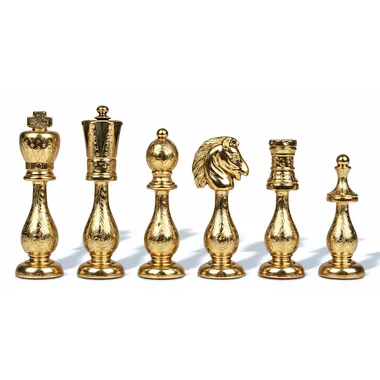Peças de xadrez em metal dourado estilo Arabic, pormenor do rei, peão, cavalo e torre