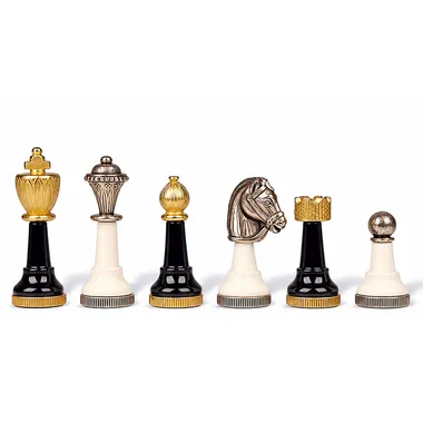 Peças de xadrez em metal lacado preto e branco, acabamentos prateados e dourados