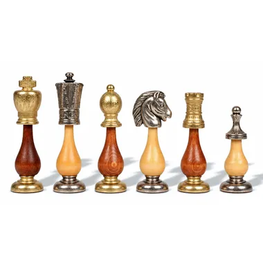 Peças de xadrez Arabic Style, cabeça de cavalo prateada e dourada, bases em madeira