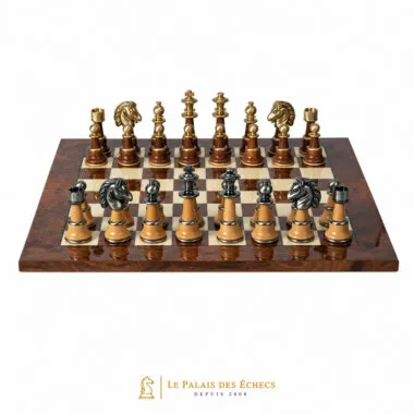 Conjunto Staunton XL II com tabuleiro em olmo e urze lacado, vista frontal