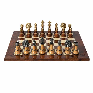 Conjunto Staunton XL II com tabuleiro em olmo e urze lacado, vista frontal