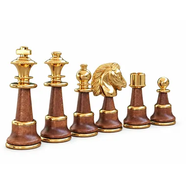 Peças de xadrez em madeira e latão banhado a ouro, série completa alinhada
