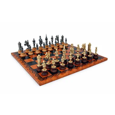Conjunto "Camelot Roi Arthur II" Tabuleiro de Xadrez em Couro Sintético & Jogo de Xadrez em Madeira e Metal Maciço