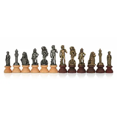 Peças do jogo de xadrez Florentine, figuras de metal sobre bases de madeira