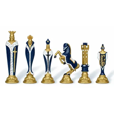 Peças de xadrez Renaissance em metal pintado, variante azul e dourada, detalhe das figuras