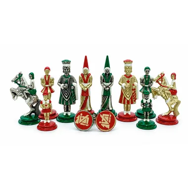 Peças de xadrez Camelot em metal pintado, reis e damas em vermelho e verde