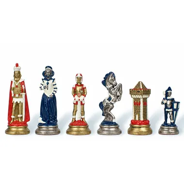 Peças de xadrez Mary Stuart, dama, rei, cavalo e torre em azul e branco