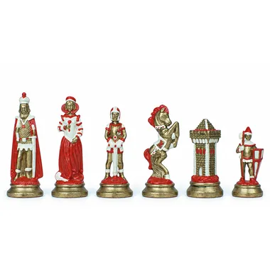 Peças de xadrez Mary Stuart pintadas em vermelho e dourado, pormenor das figuras