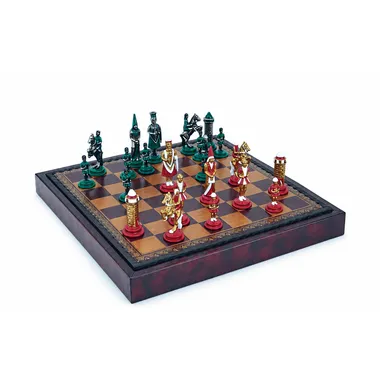 Conjunto "Camelot Roi Arthur III" Tabuleiro de Xadrez em Couro Sintético & Jogo de Xadrez em Metal Pintado à Mão