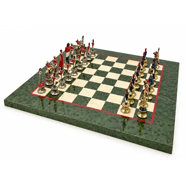 Jogo de xadrez Napoléon III completo com tabuleiro verde marmoreado e peças pintadas