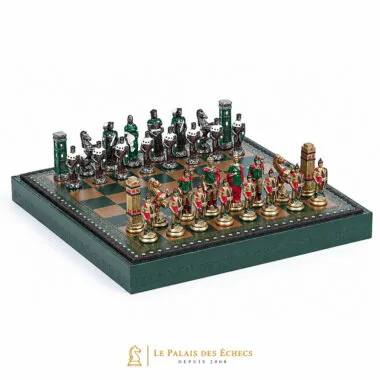 Jogo de xadrez completo Romanos vs Bárbaros em tabuleiro verde e dourado