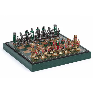 Jogo de xadrez completo Romanos vs Bárbaros em tabuleiro verde e dourado