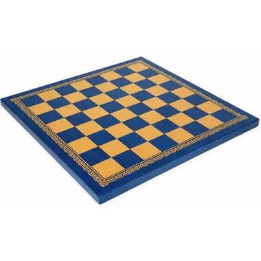 Tabuleiro de xadrez em simili-pele azul com borda dourada gravada, vista geral