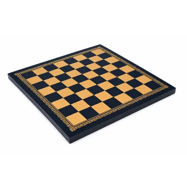 Tabuleiro de xadrez em couro sintético preto e dourado com borda decorativa gravada