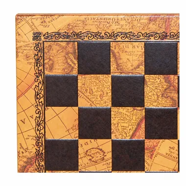 Tabuleiro de xadrez em couro sintético Mapa do Mundo, pormenor das casas gravadas