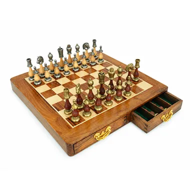Jogo de xadrez completo Arabic Style III com tabuleiro aberto e gaveta de arrumação