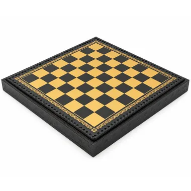 Tabuleiro de xadrez em couro sintético preto e dourado, vista fechada