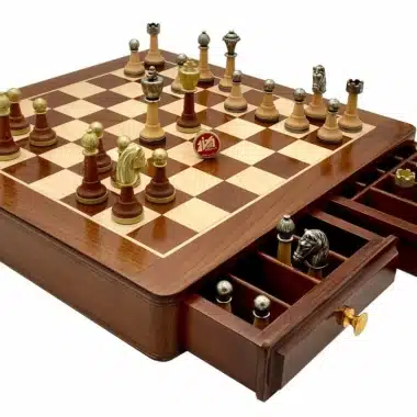 Conjunto Classic III Tabuleiro de Xadrez em Pau-Rosa Dourado e Ácer & Jogo de Xadrez em Madeira e Metal Maciço