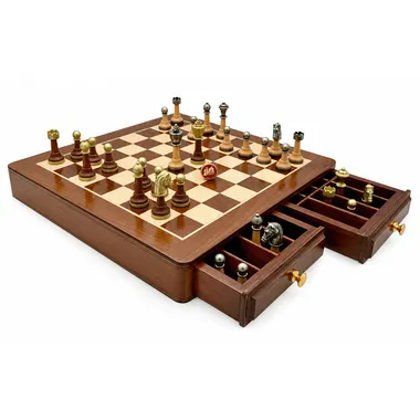 Jogo de xadrez completo com tabuleiro de madeira e gaveta aberta