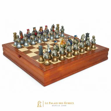 Jogo de xadrez busto medieval completo em tabuleiro de ácer e nogueira com caixa