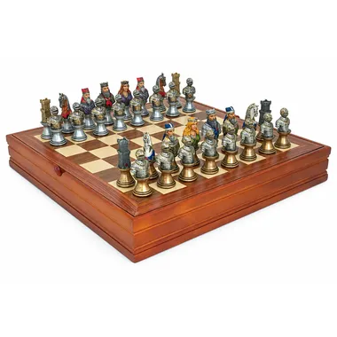 Jogo de xadrez busto medieval completo em tabuleiro de ácer e nogueira com caixa