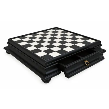 Tabuleiro de xadrez com pé preto e branco com gaveta de arrumação aberta