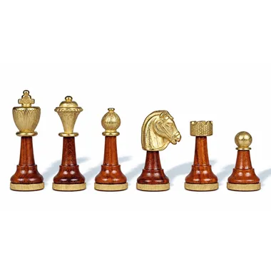 Jogo de xadrez Classic II, peças em madeira e metal dourado vistas de frente