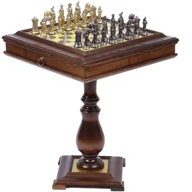 Conjunto Grande Napoleão Mesa de Xadrez em Madeira e Jogo de Xadrez em Metal