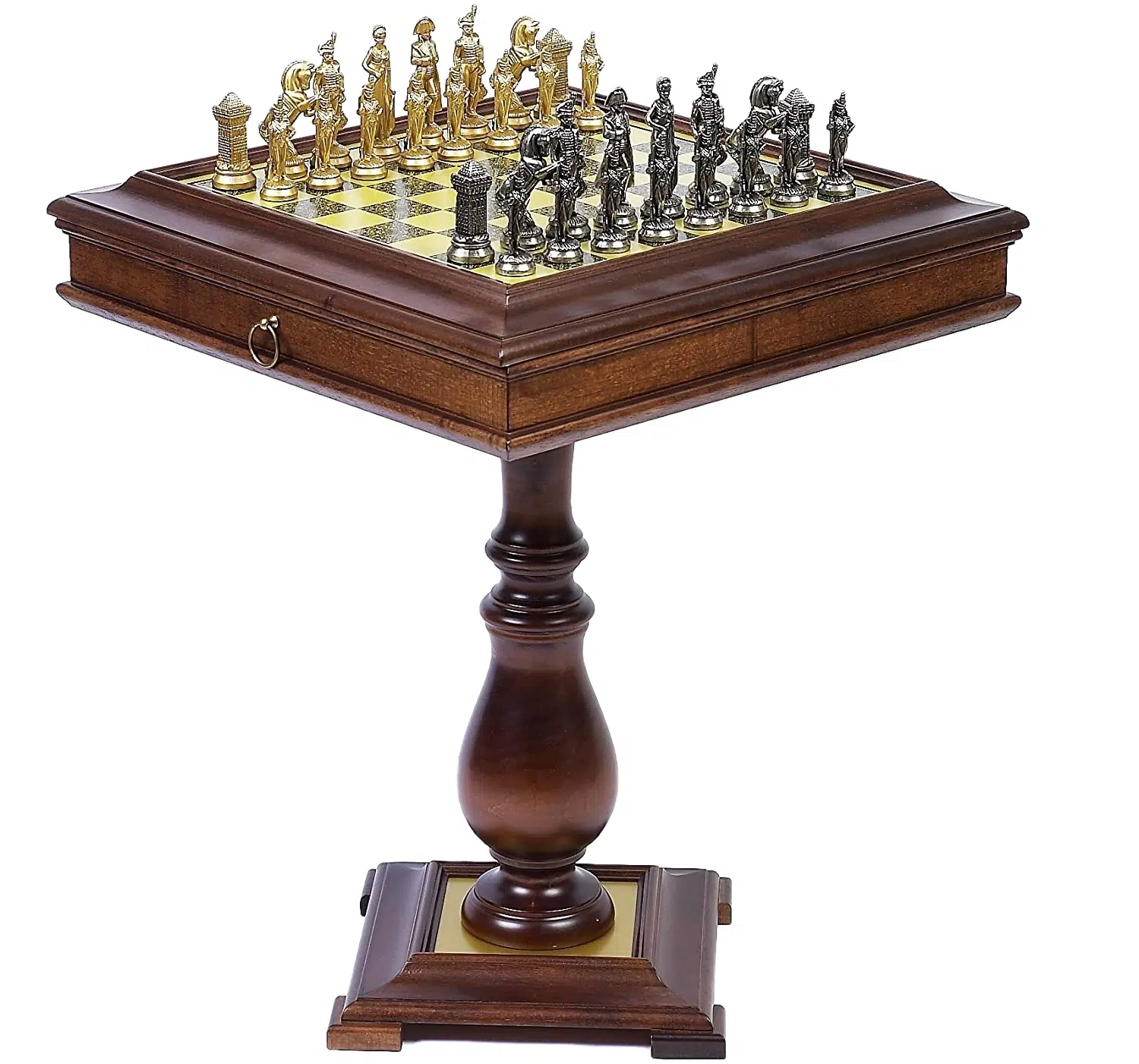 Conjunto Grande Napoleão Mesa de Xadrez em Madeira e Jogo de Xadrez em Metal