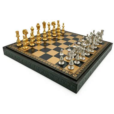 Jogo de xadrez Arabic Style V com tabuleiro preto e peças douradas e prateadas