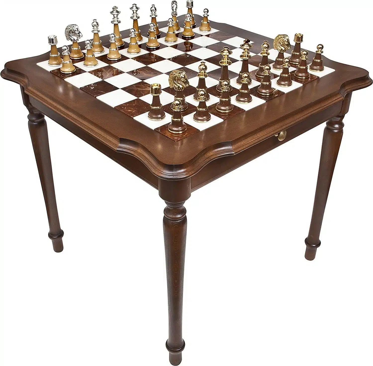 Conjunto Staunton XL IV Mesa de Xadrez em Madeira e Mármore de Carrara & Jogo de Xadrez em Madeira e Latão