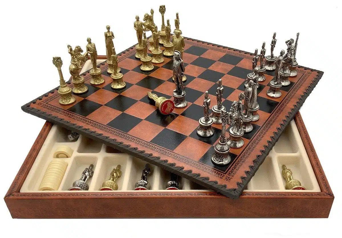 Conjunto Napoleão II Tabuleiro em Couro Sintético & Jogo de Xadrez em Metal Maciço