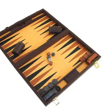 Gamão (Backgammon) em Pele Sintética Castanha Italiana de Viagem, Dobrável e Magnético