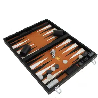Gamão (Backgammon) Elegante em Pele Sintética Italiana de Viagem, Dobrável e Magnético
