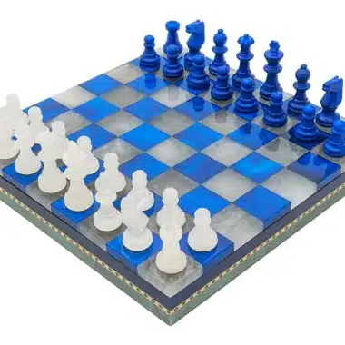 Conjunto Azul e Branco Tabuleiro e Jogo de Xadrez em Mármore Antigo com Caixa de Arrumação