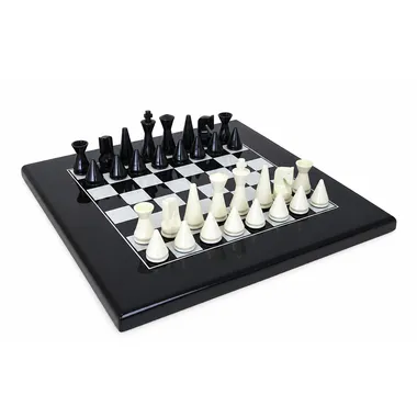 Conjunto "Pyramide Moderne Noir" Tabuleiro de Xadrez em Madeira Maciça Laqueada a Preto & Jogo de Xadrez em Madeira Maciça Laqueada a Preto e Branco
