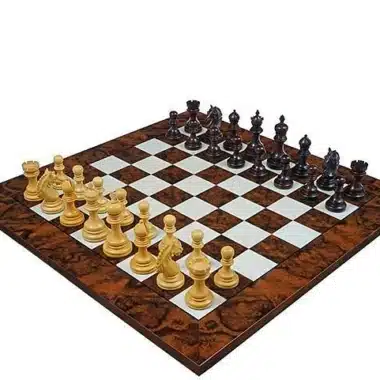 Conjunto Garvi Luxo Tabuleiro de Xadrez em Raiz de Nogueira Escura Laqueada & Jogo de Xadrez em Pau-Rosa