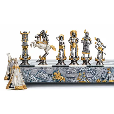 Conjunto "Índios vs Cowboys" Tabuleiro de Xadrez e Jogo de Xadrez em Bronze, Ónix e Ouro 24 Quilates