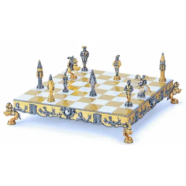 Conjunto "Gulliver e os Liliputianos" Tabuleiro de Xadrez e Jogo de Xadrez em Bronze, Ónix e Ouro 24 Quilates