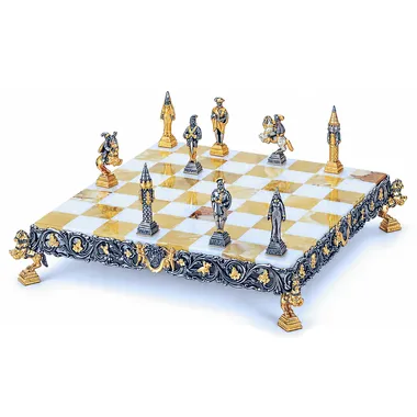 Conjunto "Gulliver e os Liliputianos II" Tabuleiro de Xadrez e Jogo de Xadrez em Bronze, Ónix e Ouro 24 Quilates