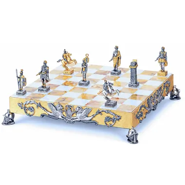 Conjunto "Império Romano" Tabuleiro de Xadrez e Jogo de Xadrez em Bronze, Ónix e Ouro 24 Quilates