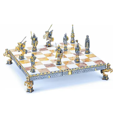 Conjunto "Dimitri Donskoj Príncipe Russo do Século XV" Tabuleiro de Xadrez e Jogo de Xadrez em Bronze, Ónix e Ouro 24 Quilates
