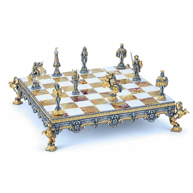 Conjunto "Época Medieval" Tabuleiro de Xadrez e Jogo de Xadrez em Bronze, Ónix e Ouro 24 Quilates