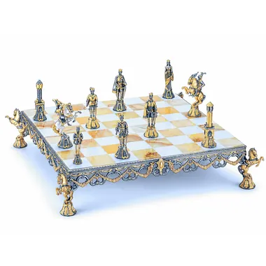 Conjunto "Renascimento Florentino Século XV" Tabuleiro de Xadrez e Jogo de Xadrez em Bronze, Ónix e Ouro 24 Quilates