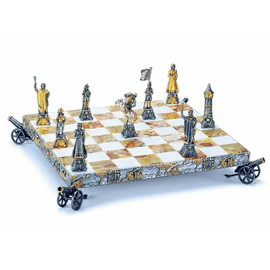 Conjunto "Napoleão Bonaparte" Tabuleiro de Xadrez e Jogo de Xadrez em Bronze, Ónix e Ouro 24 Quilates