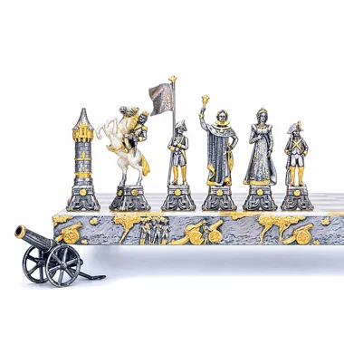 Conjunto "Napoleão Bonaparte" Tabuleiro de Xadrez e Jogo de Xadrez em Bronze, Ónix e Ouro 24 Quilates