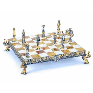 Conjunto "Henrique II de Inglaterra" Tabuleiro de Xadrez e Jogo de Xadrez em Bronze, Ónix e Ouro 24 Quilates