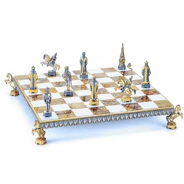 Conjunto "Nicolau II o Último Imperador da Rússia" Tabuleiro de Xadrez e Jogo de Xadrez em Bronze, Ónix e Ouro 24 Quilates